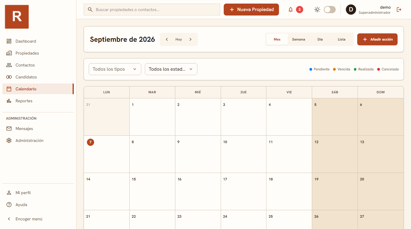 Calendario de RealEstateCRM con acciones y visitas programadas, uno de los módulos a revisar antes de contratar un CRM inmobiliario