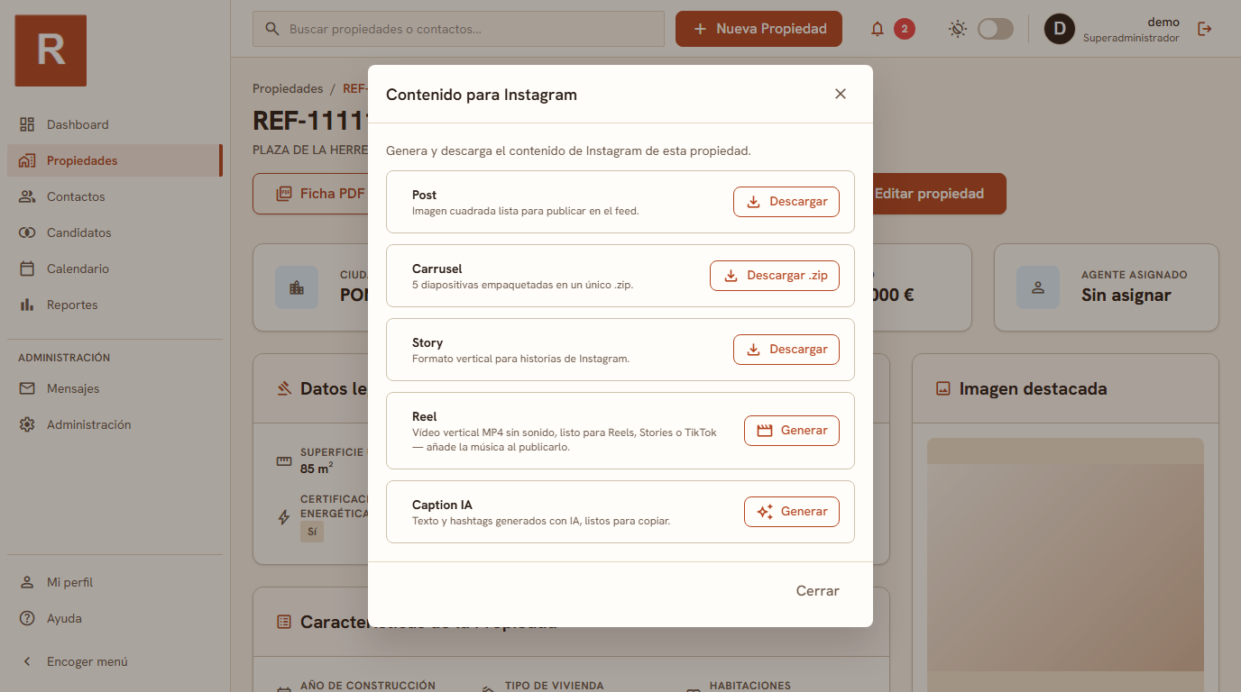 Ficha de una propiedad en RealEstateCRM con el título, la descripción y el caption de Instagram generados con IA a partir de sus datos