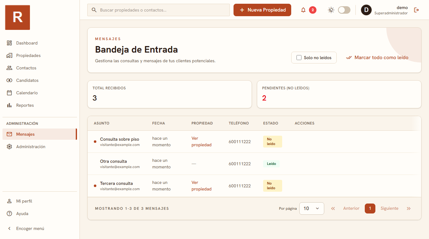 Bandeja de entrada de un CRM inmobiliario con las consultas de clientes potenciales centralizadas
